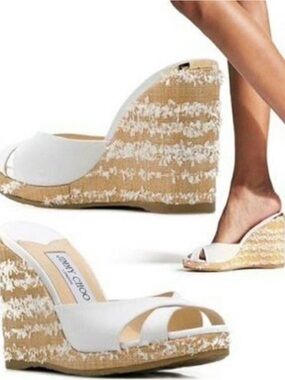 Jimmy Choo White Woven Espadrille Wedge Slides